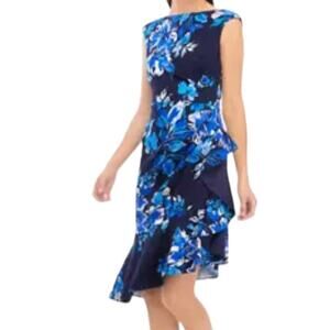 Eliza J Dress boat neck cascade ruffle sheath blue size 8